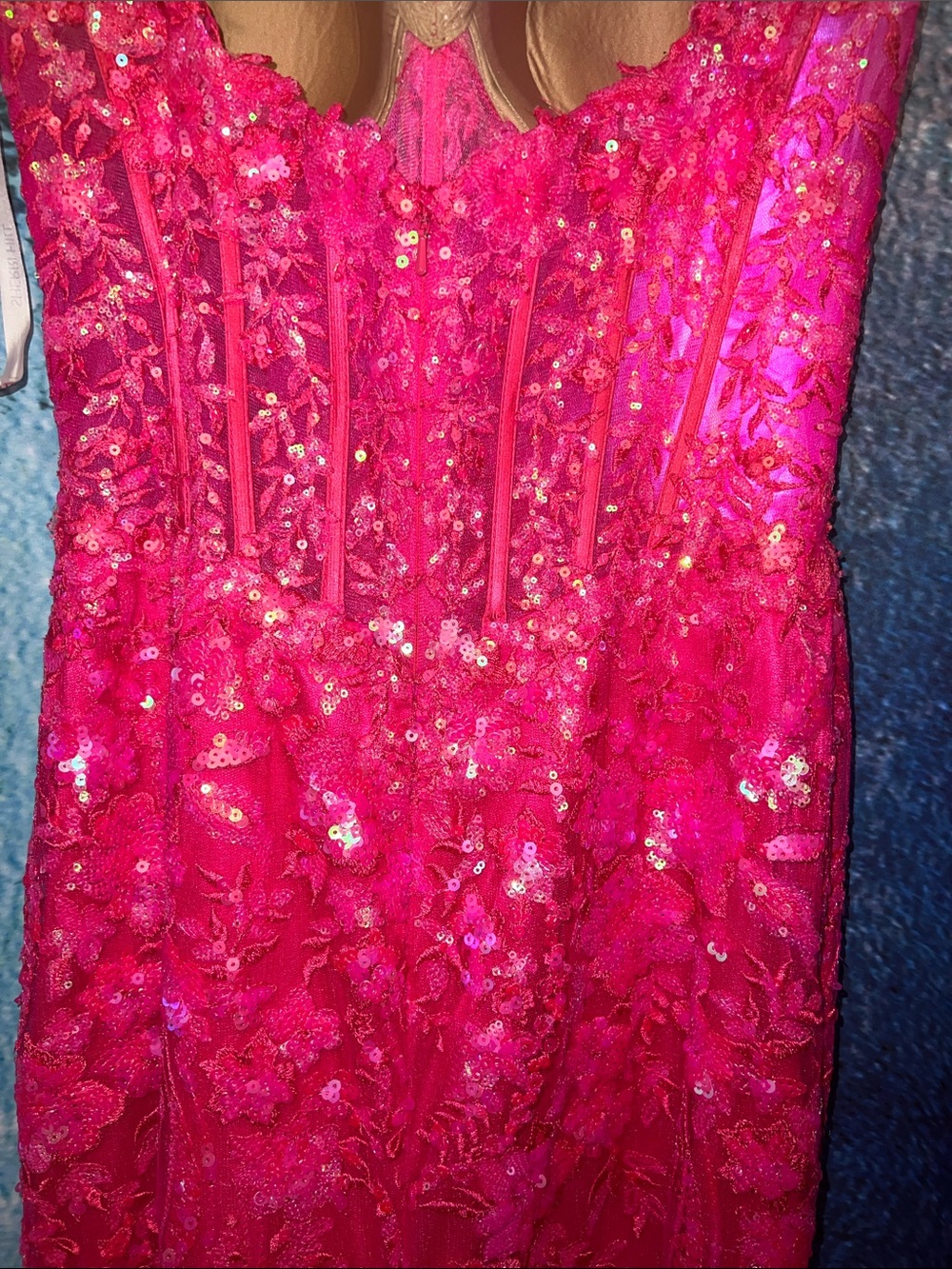 Sherri Hill Hot Pink Sequin High-Slit removable train prom dress - Picture 14 of 17